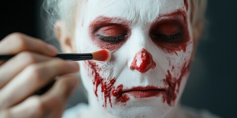 A close-up of a person applying dramatic makeup for a zombie or horror character, featuring white face paint and red accents.