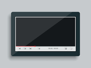 Bright realistic white video player on the tablet. Vector on a gray background	
