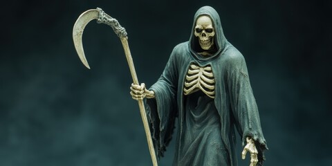 Obraz premium A detailed figure of a grim reaper with a scythe, symbolizing death and the supernatural in a dark, eerie setting.