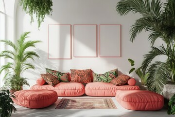 Retro futuristic living room, with Geometric shape furniture, with 4 blank rectangular A4 frames, white walls, plants, mockup Pink sofa chair retro with African print cushions