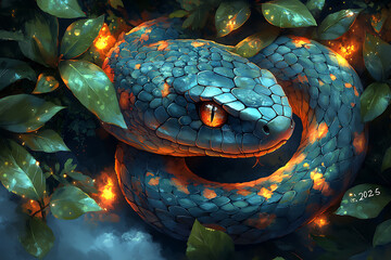 Illustration of a snake wrapped around "2025," representing the element of Tree, symbolizing growth, strength, and renewal for the year 2025.

