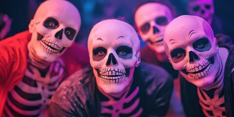 A fun, colorful gathering of people in skeleton costumes, perfect for Halloween celebrations or themed parties.