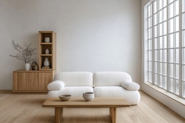 A modern japandi interior in the living room with minimalist, wood cabinets and boucle sofas. Generative AI
