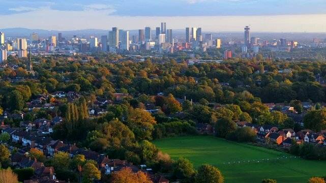 Manchester city skyline and surrounding residential areas from the vantage point of Heaton Park.