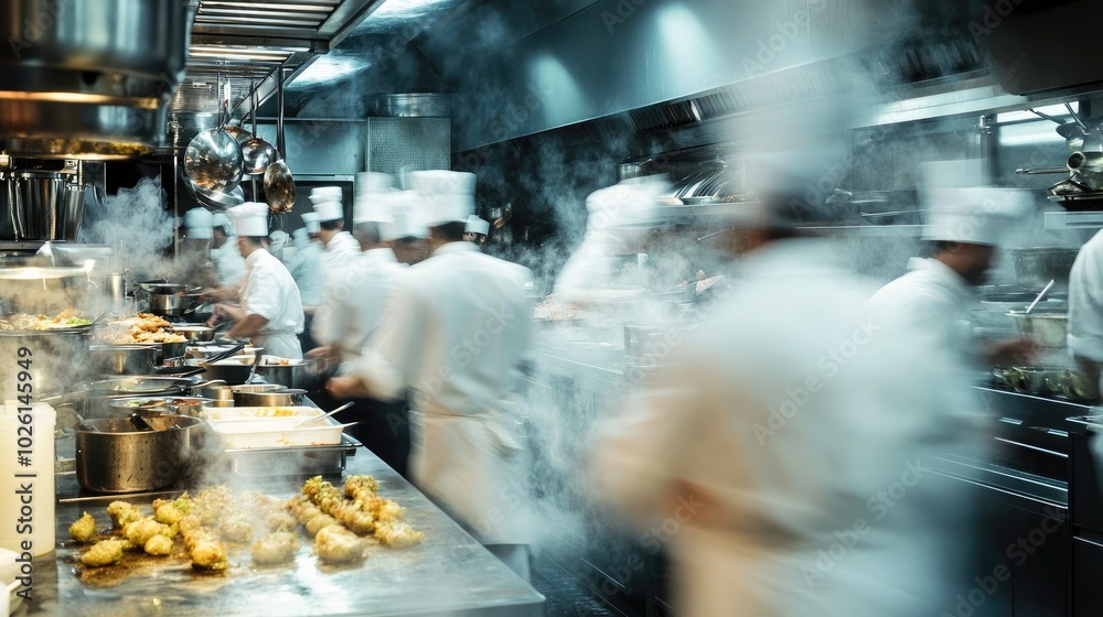 Sticker A fast-paced kitchen comes to life in a long exposure shot, with chefs moving swiftly between stations, showcasing the intensity of food preparation.