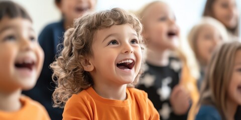 Fototapeta premium A joyful child laughs heartily among friends, embodying the innocence and happiness of childhood in a bright classroom setting.