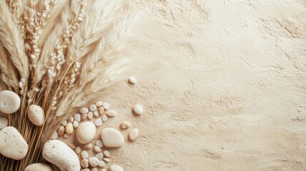 Dried Grass and White Stones on Beige Textured Background