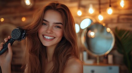 Naklejka premium A young woman smiles while brushing her hair with a round brush.