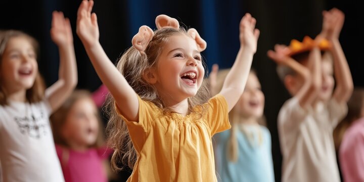 A joyful child performs on stage with enthusiasm, showcasing the excitement of youth and artistic expression among peers.