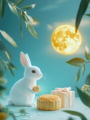 Capture a whimsical moment with a white rabbit next to mooncakes and a gift box wrapped in a bow. The soft blue sky and bright yellow moon create a dreamy atmosphere