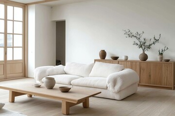 Fototapeta premium Minimalist, modern japandi interiors in the living room with tables and fluffy boucle sofas. Generative AI 