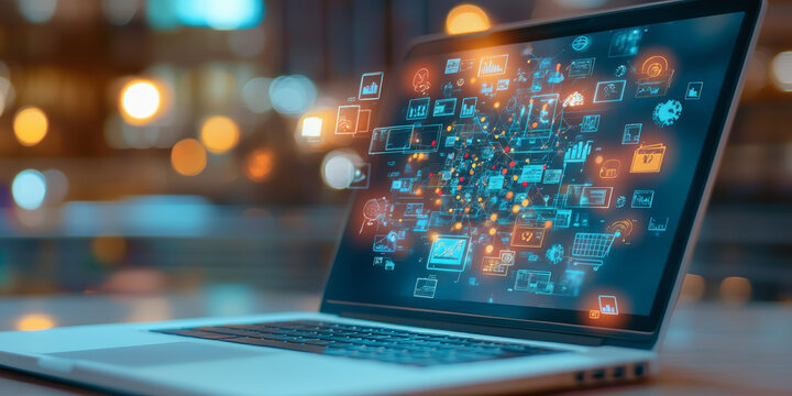A laptop displays a digital interface with glowing icons and data visualizations, set against a blurred background of lights, representing technology and connectivity.