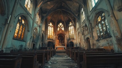 Obraz premium Exploring the haunting beauty of abandoned religious structures, filled with cultural and historical significance.