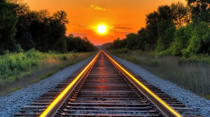 A beautiful sunset illuminates a set of train tracks, with the warm light of the sun creating dramatic contrasts and shadows in the landscape.