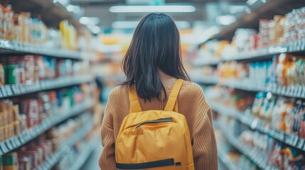 A young woman walks down the aisle of a grocery store, with shelves full of packaged food on either side.  She is wearing a yellow backpack.