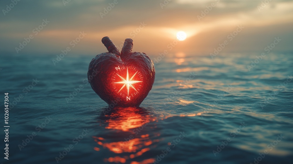 Poster A heart shaped object is floating in the water with a red star on it