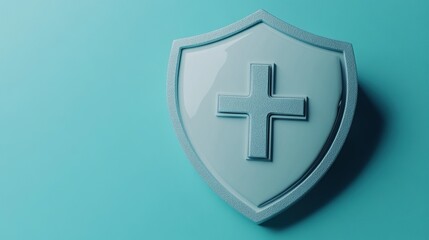 Obraz premium A 3D rendered white shield with a cross symbol on a light blue background.