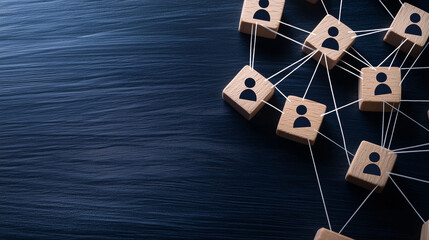 A top-down view of wooden blocks with person icons, placed in a network shape on a smooth surface, with thin strings connecting the blocks, representing social ties and relationshi
