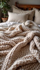 Soft chunky knit blanket on cozy bed with pillows and indoor plant