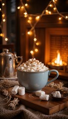 Delicious hot chocolate with whipped cream in cozy setting by the fireplace