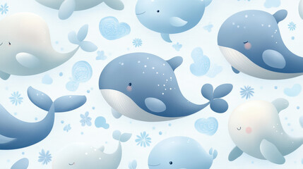 Cute, cartoon whales with hearts and flowers on a light blue background, creating a playful and whimsical sea-inspired pattern.