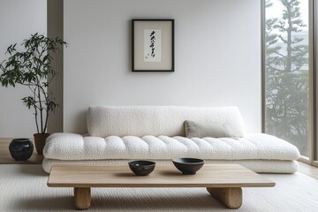 Fototapeta premium Minimalist, modern japandi interiors in a living room with windows and boucle sofas. Generative AI 