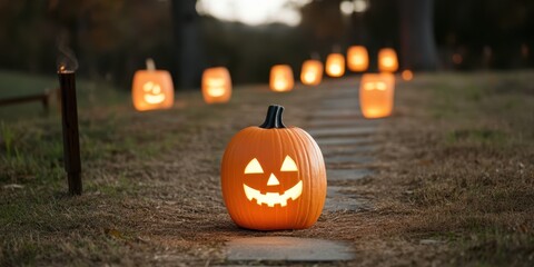 Fototapeta premium A spooky Halloween scene with illuminated pumpkins lining a path, creating an enchanting festive atmosphere.