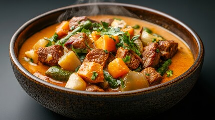 Spicy jungle curry with venison focusing on the rich fiery curry sauce with tender venison chunks and wild local vegetables served in a rustic clay bowl with steam rising