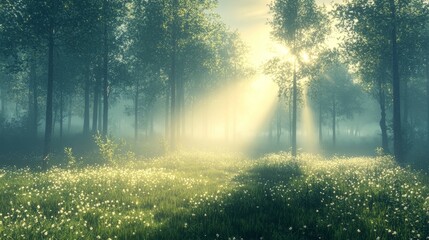 Obraz premium Sunbeams filtering through a misty forest clearing with white wildflowers