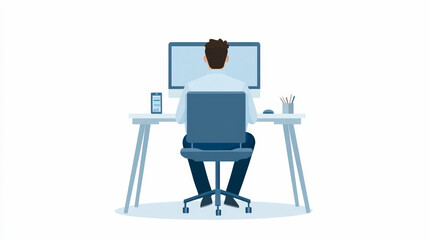 A person sits at a desk, focused on a computer screen. Nearby, a smartphone and stationery are neatly arranged.
