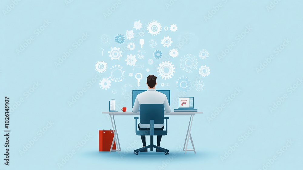 Sticker a person working at a desk with a computer, surrounded by gears and icons, symbolizing productivity 