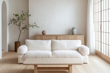 A modern japandi interior in the living room with minimalist, wood cabinets and boucle sofas. Generative AI

