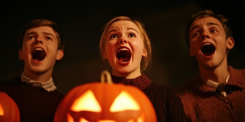 A trio of joyful people singing with excitement, surrounded by glowing pumpkins, capturing the essence of Halloween festivities.