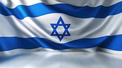 Waving flag of Israel, blue Star of David in the center with two horizontal blue stripes at the top and bottom, set against a white background