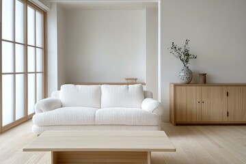 A modern japandi interior in the living room with minimalist, wood cabinets and boucle sofas. Generative AI

