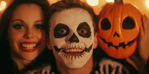 A vibrant Halloween celebration featuring joyful people in spooky makeup and a cheerful pumpkin costume.