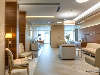 Fototapeta premium Modern Interior Design of a Lobby with White Couches and Wooden Walls