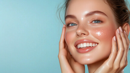 A luminous woman with smooth, radiant skin, smiling as she applies a skincare product to her face, the glowing result of her beauty routine creating a perfect skincare advertisemen