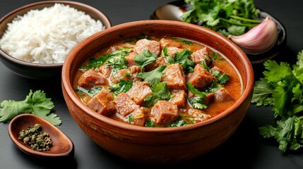 Slow-cooked pork belly in curry tender slow-cooked pork belly in a rich aromatic northern-style curry sauce served in a clay pot with a side of sticky rice and fresh herbs