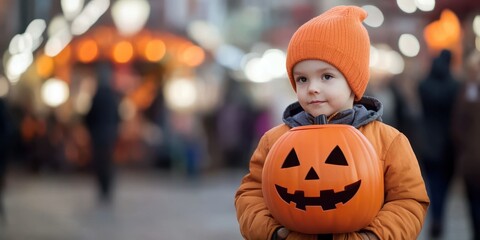 A young child in an orange hat holds a festive pumpkin at a lively outdoor Halloween market, capturing the joy of the season.