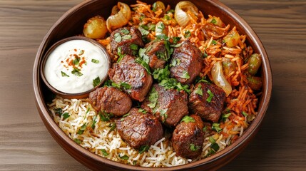 Fototapeta premium Lamb biryani tender lamb chunks slow-cooked in fragrant biryani rice with Middle Eastern spices served with a side of yogurt sauce and crispy fried onions
