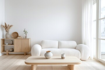 A modern japandi interior in the living room with minimalist, wood cabinets and boucle sofas. Generative AI
