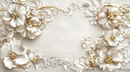 Elegant white and gold floral border with ornate jewelry-inspired patterns. The gold highlights enhance the detailed flower designs for a classy finish