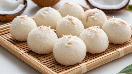 Fototapeta premium Thai coconut rice balls small soft coconut rice balls filled with sweet shredded coconut and sugar served on a woven bamboo tray with coconut shavings sprinkled on top