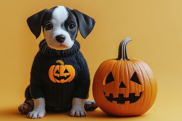 Dalmatian puppy wearing a black knitted sweater with a jack o lantern pumpkin on it sitting next to an orange pumpkin with carved jack-o'-lantern features on it isolated against pastel yellow backgrou