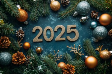 Christmas tree with sign that says 2025 in gold letters. Happy New Year card