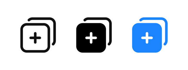 Add new post icon. Create new layer symbol. Duplicate sign. Publish button. Sum and plus square pictogram. Add post vector illustration.