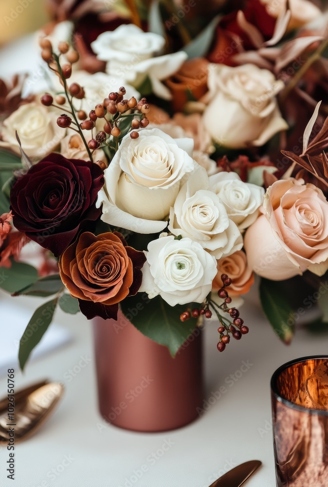 Wall mural warm and inviting fall wedding table setting with rich, autumn colors of terracotta, rust orange, burgundy, brown, and gold. The centerpiece is an elegant arrangement featuring roses 