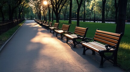 Serene park pathway lined with empty wooden benches and tall trees, bathed in warm sunlight during late afternoon or early evening.