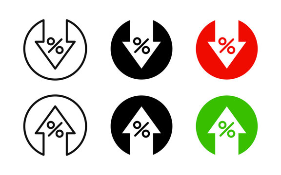 Arrow with percentage icon inside a circle. Percent arrow symbol. Financial loan growth or reduction vector illustration. Profit rate sign. Green and red price discount increase or decrease pictogram.